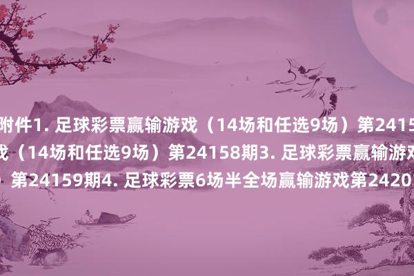 附件1. 足球彩票赢输游戏（14场和任选9场）第24157期　　2. 足球彩票赢输游戏（14场和任选9场）第24158期　　3. 足球彩票赢输游戏（14场和任选9场）第24159期　　4. 足球彩票6场半全场赢输游戏第24201期　　5. 足球彩票6场半全场赢输游戏第24202期　　6. 足球彩票6场半全场赢输游戏第24203期　　7. 足球彩票6场半全场赢输游戏第24204期　　8. 足球彩票6